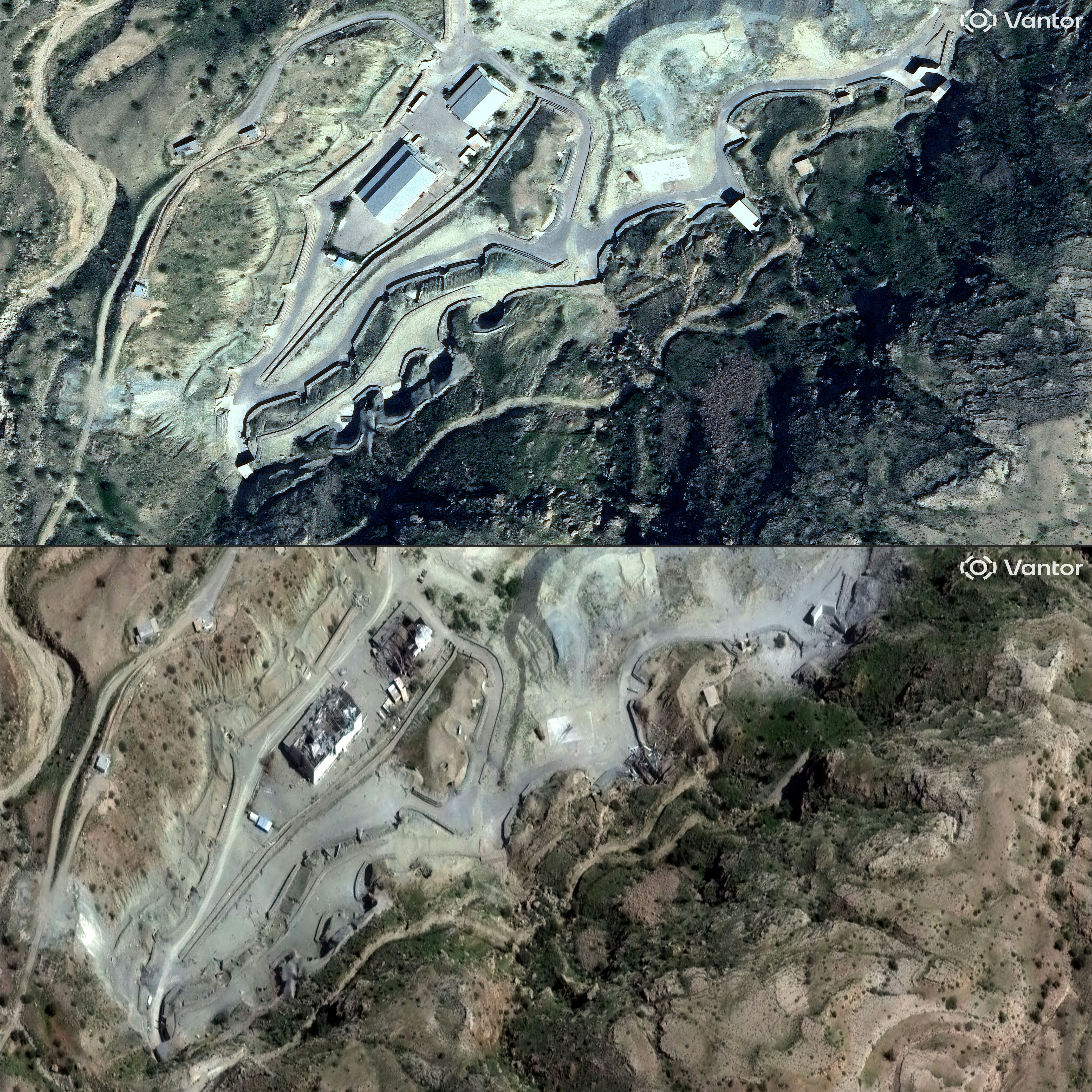 Before and after images of at an Iranian military facility in Khorgu, southern Iran