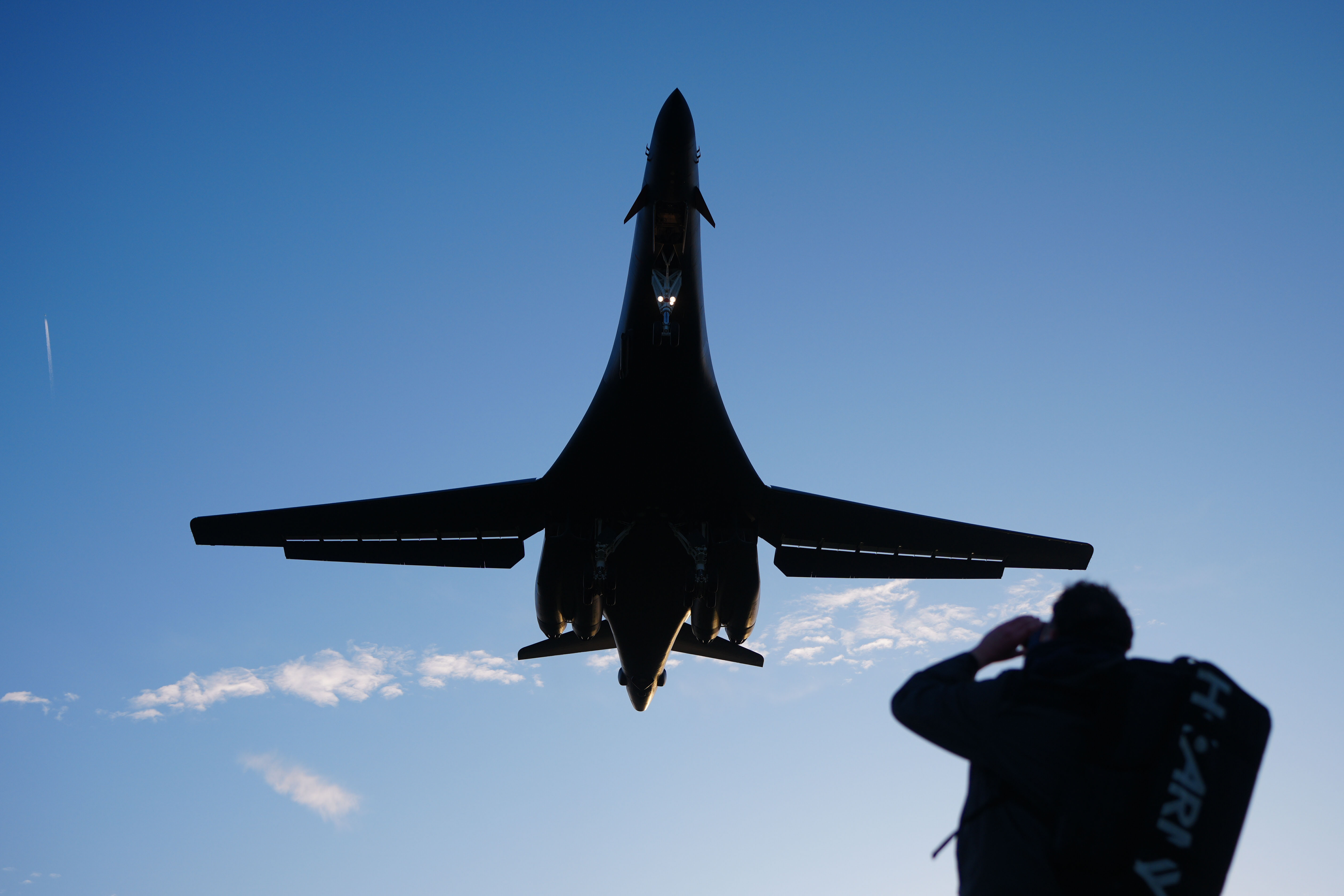 A B-1 bomber comes in to land at RAF Fairford in Gloucestershire
