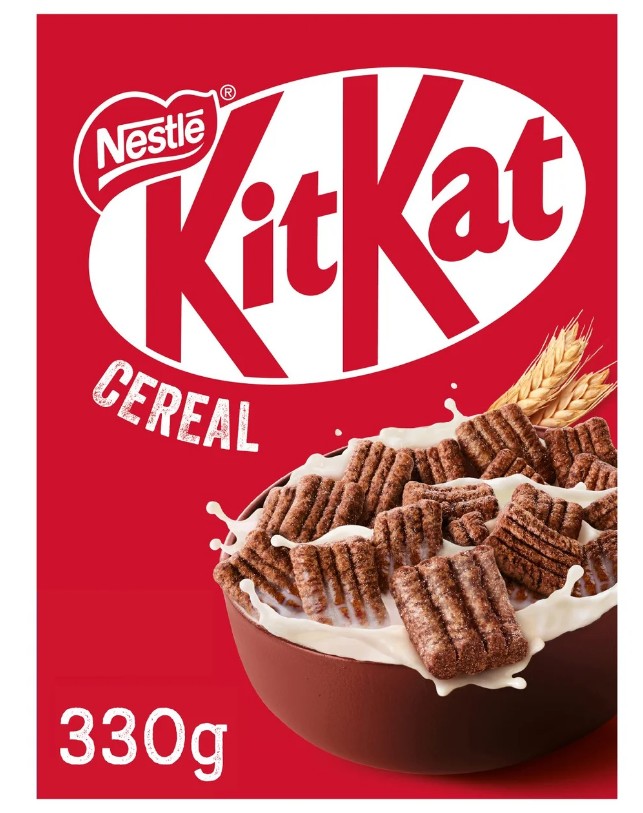 Nestle KitKat Cereal box featuring a bowl of the cereal with milk.