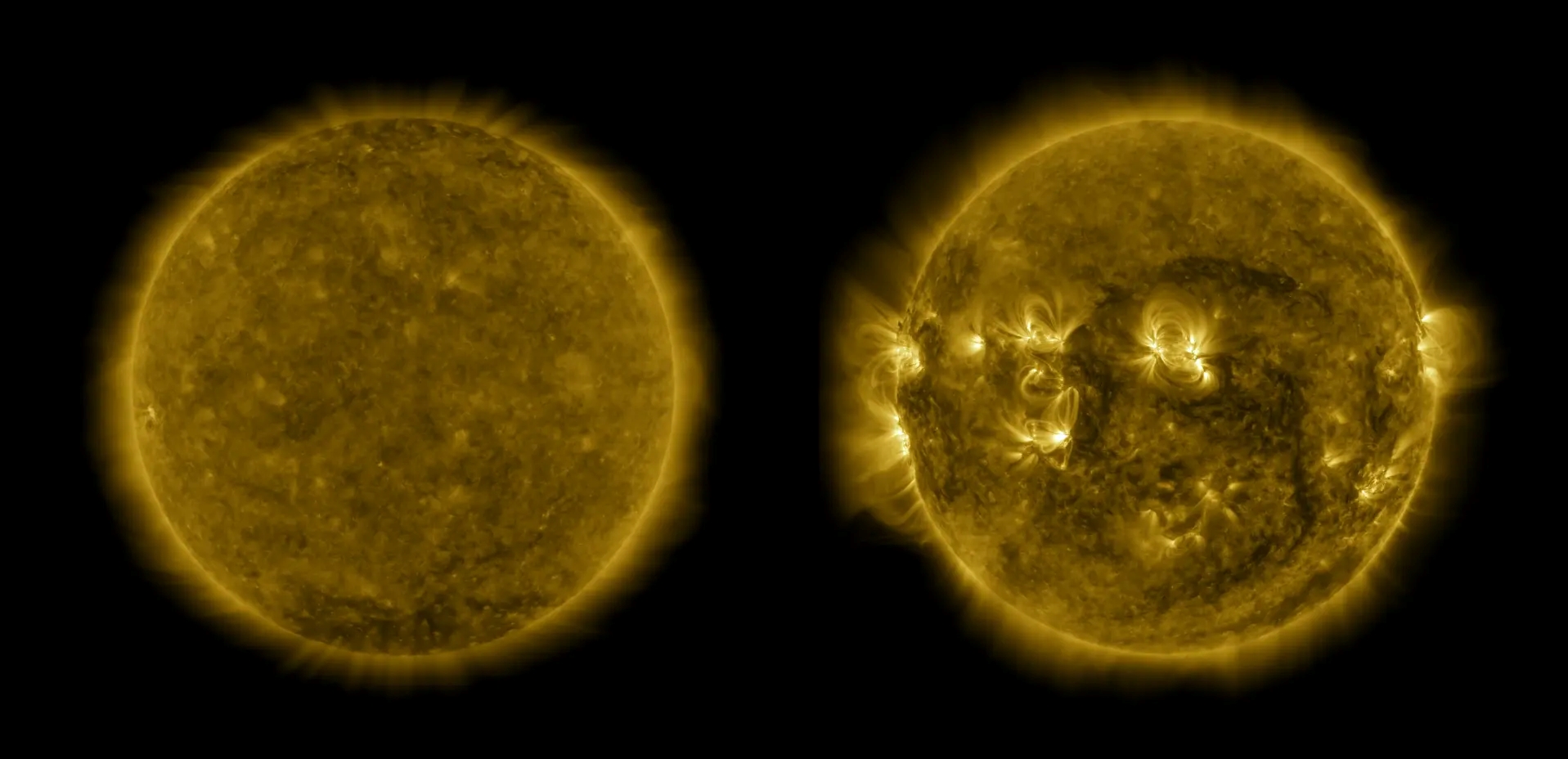 Collage of two images of the sun: one with low activity, appearing smooth, and one with high activity, showing bright loops of plasma erupting from the surface.
