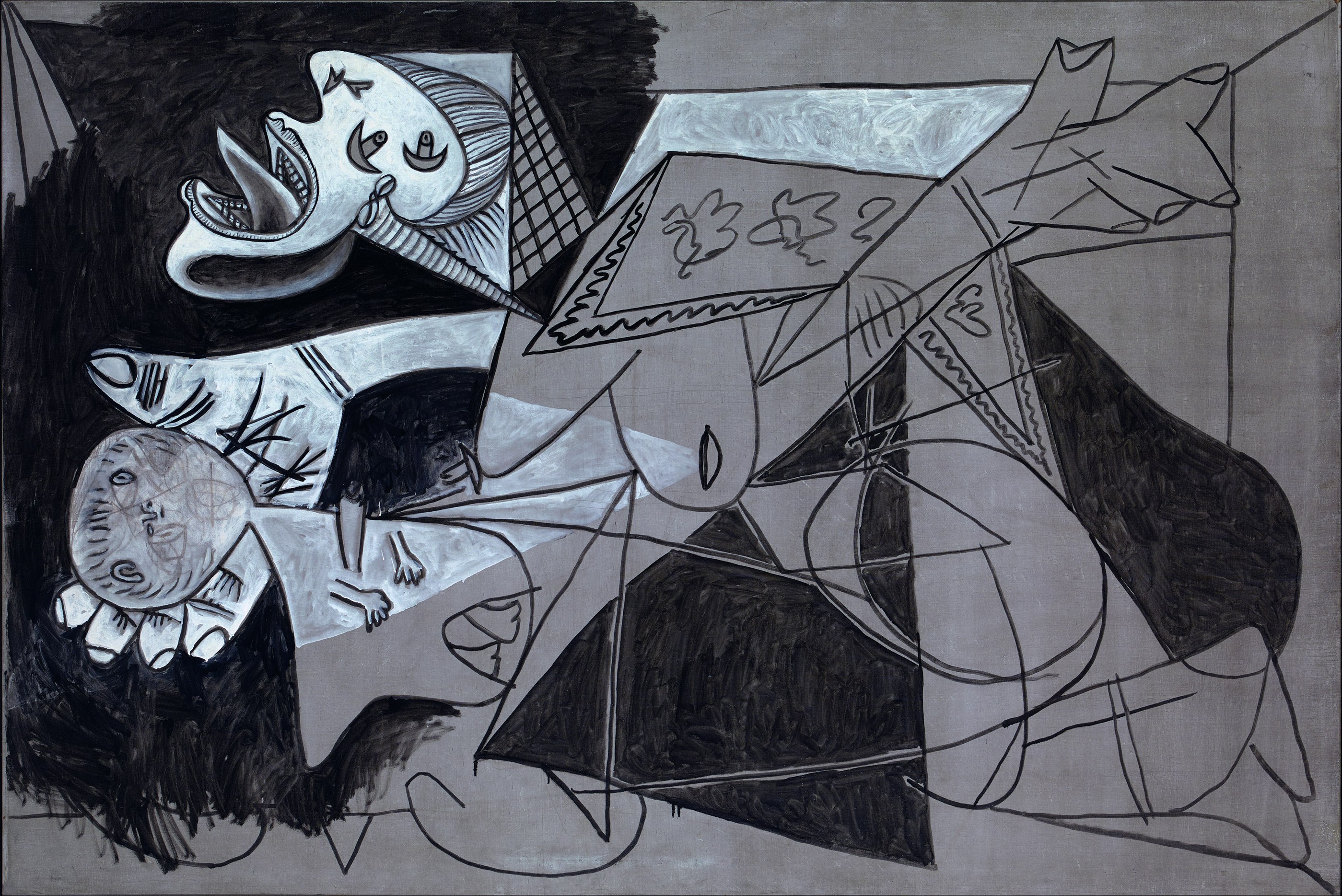 Illustration of a Cubist-style painting in black, white, and gray showing a mother crying out with a dead child in her arms.