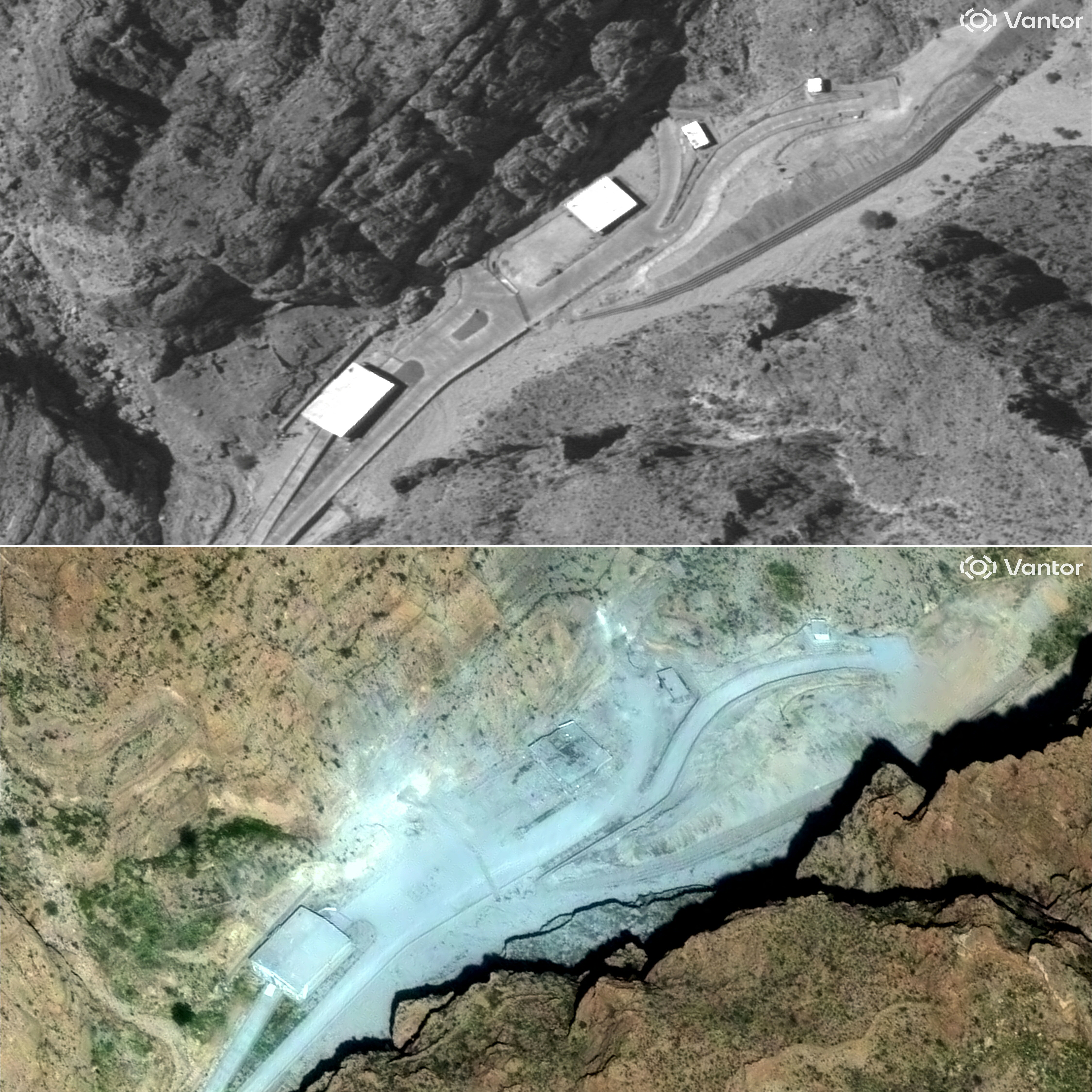 Before and after images of an Iranian military facility in Darab, south-central Iran