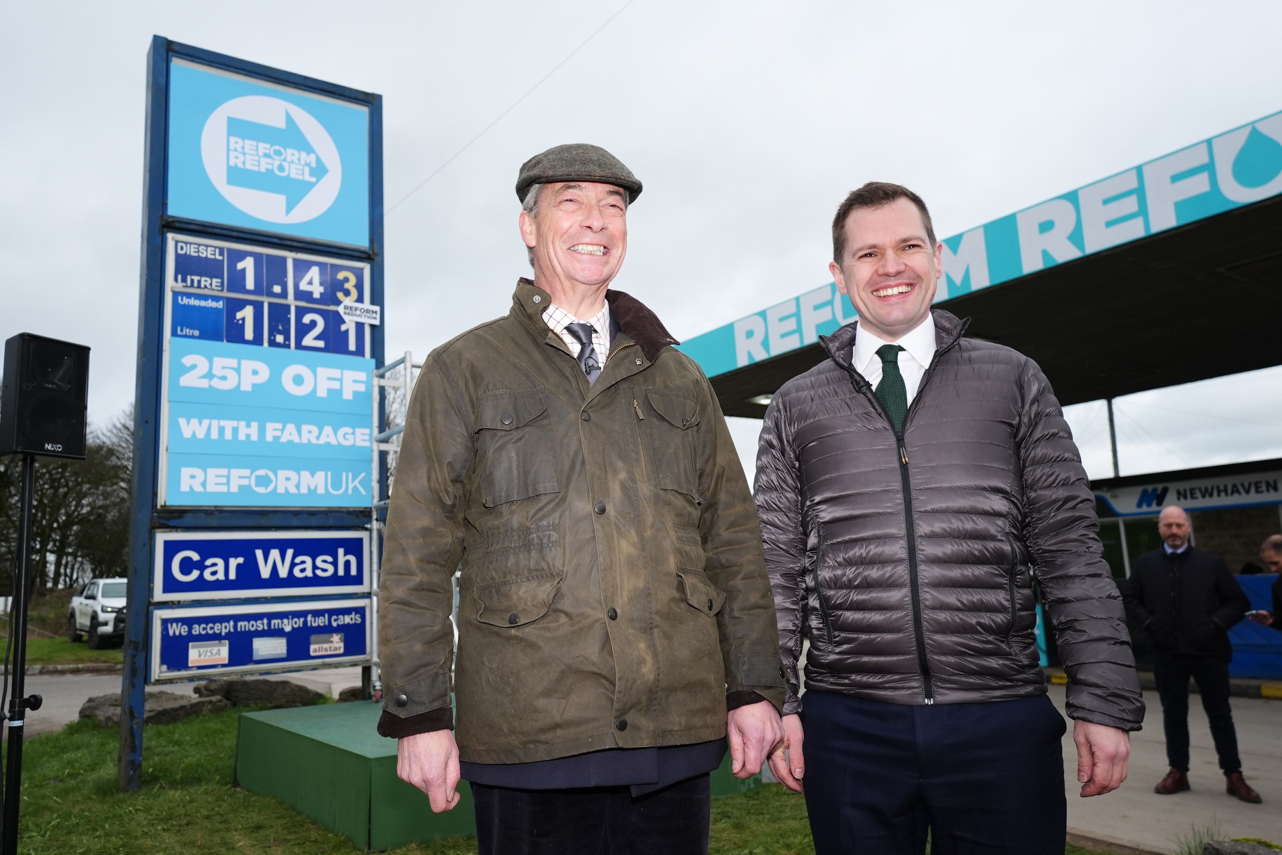 Nigel Farage and Robert Jenrick at New Haven Services in Buxton on Tuesday