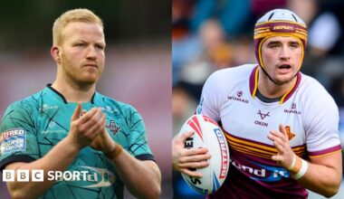 Matty English on the left, clapping supporters while wearing the away kit; on the right-hand side, wearing a scrum cap and carrying the rugby ball in his right hand is George Flanagan Jr