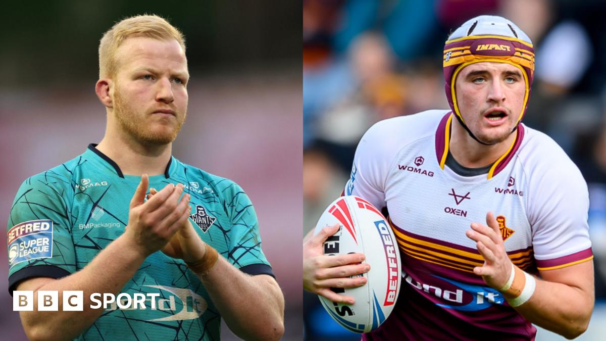 Matty English on the left, clapping supporters while wearing the away kit; on the right-hand side, wearing a scrum cap and carrying the rugby ball in his right hand is George Flanagan Jr