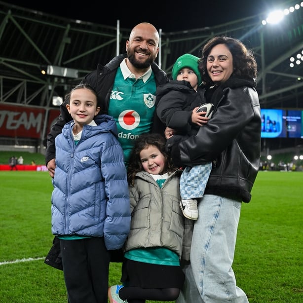 6 March 2026; Jamison Gibson-Park of Ireland with his wife Patti and their children, from left, Iris, Jai and Isabella, after his side's victory in the Guinness 6 Nations Rugby Championship match between Ireland and Wales at the Aviva Stadium in Dublin. Photo by Brendan Moran/Sportsfile