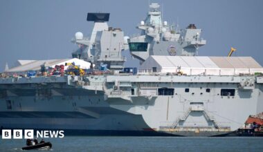 The Royal Navy aircraft carrier HMS Prince of Wales in dock at Portsmouth harbour, Hampshire.