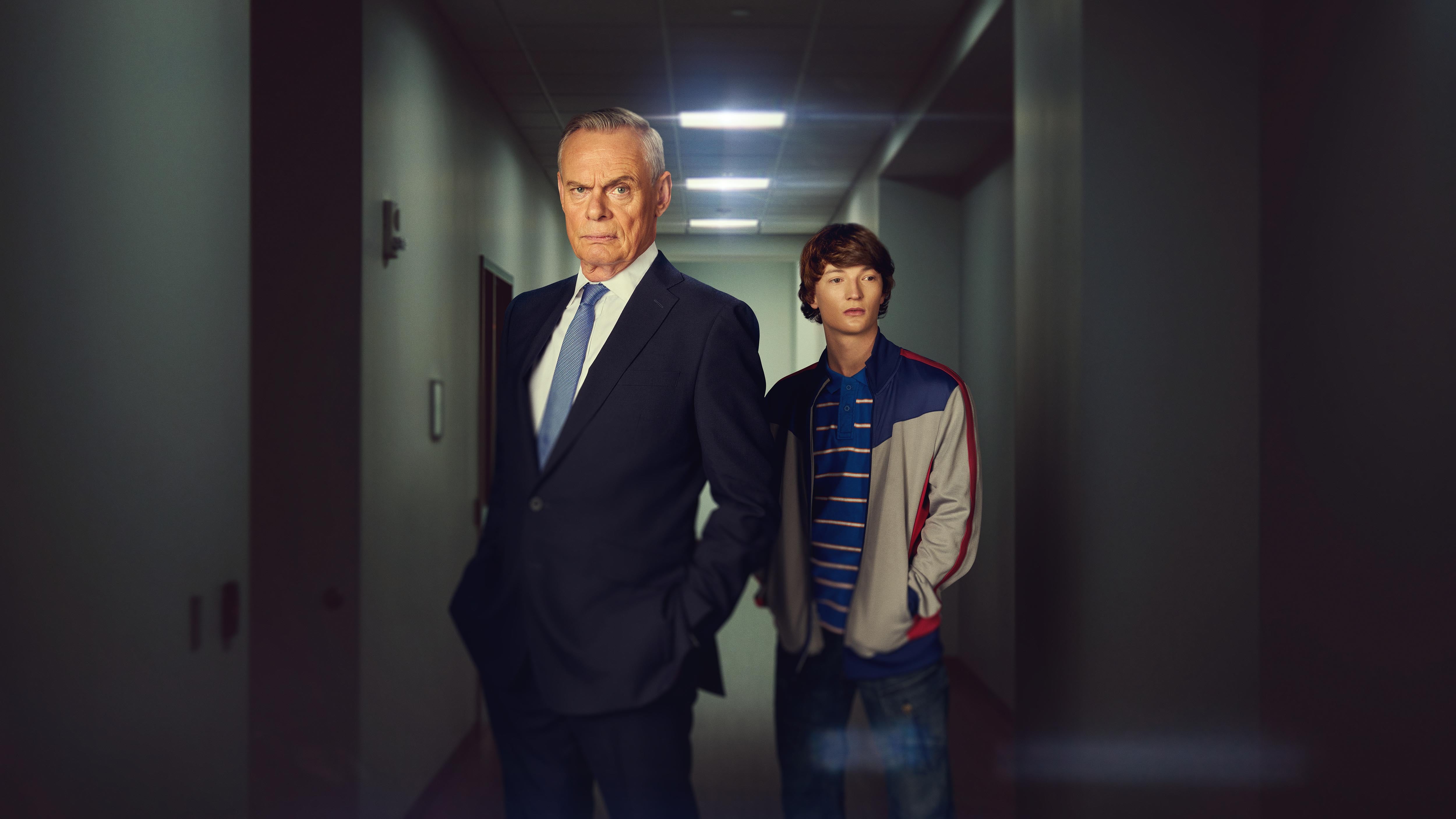 Martin Clunes as Huw Edwards and Osian Morgan as Ryan in Channel 5’s new drama