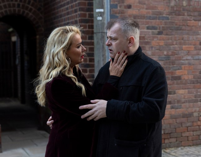 Cassie Plummer in an embrace with a heartbroken Steve McDonald outside in Coronation Street.