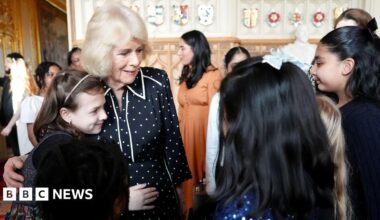 Queen Camilla during a reception with finalists, judges and celebrity readers, to celebrate the final of BBC's creative writing competition 500 Words, at Windsor Castle, Berkshire.