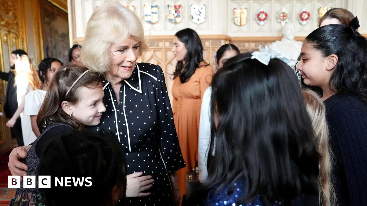 Queen Camilla during a reception with finalists, judges and celebrity readers, to celebrate the final of BBC's creative writing competition 500 Words, at Windsor Castle, Berkshire.