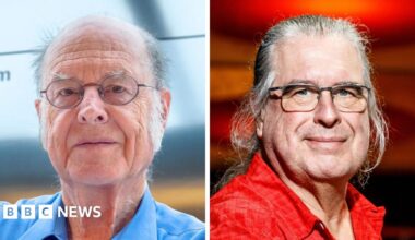 A composite image shows headshots of Charles Bennett wearing a blue shirt and glasses on the left and Gilles Brassard wearing a red shirt and glasses on the right.