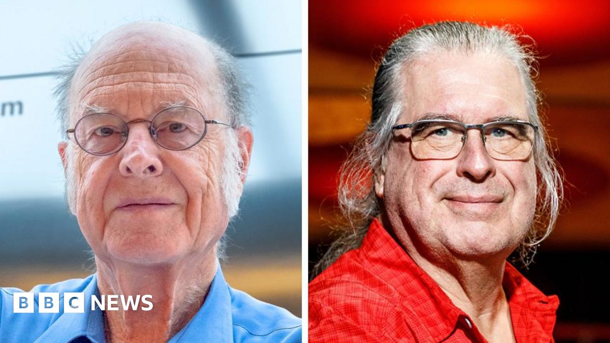 A composite image shows headshots of Charles Bennett wearing a blue shirt and glasses on the left and Gilles Brassard wearing a red shirt and glasses on the right.