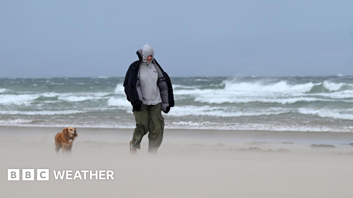 Man and his dog walking along a beach where sand is visibily lifted up with large waves in the background