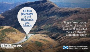 A scenic picture of a nature reserve in China that has a similar terrain to the Scottish Highlands with a green bus travelling on a winding concrete road