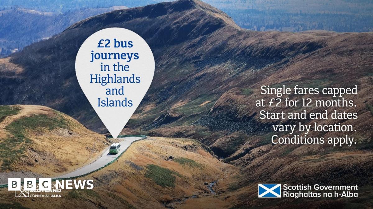 A scenic picture of a nature reserve in China that has a similar terrain to the Scottish Highlands with a green bus travelling on a winding concrete road