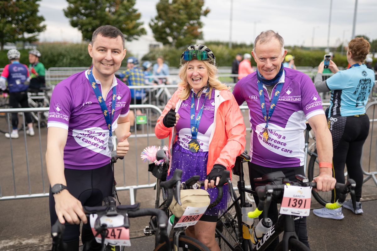 Huw Jones with his father, Gareth, and a UCLH support worker