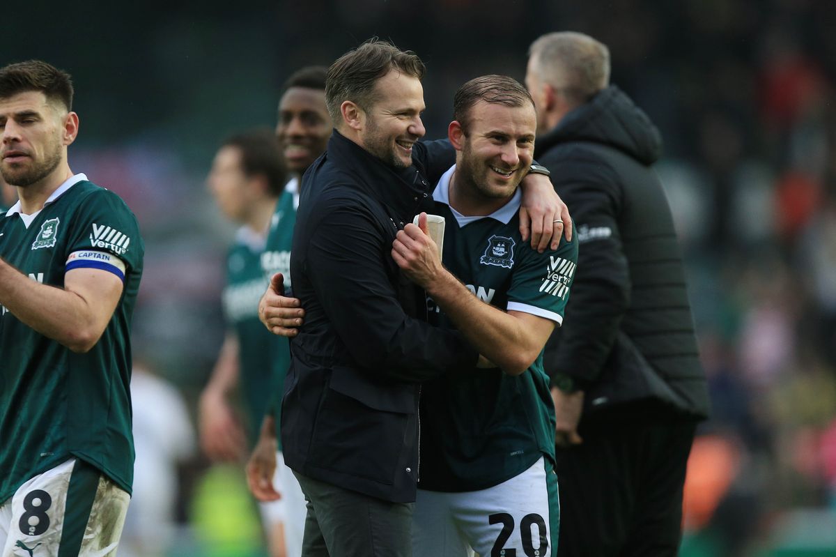Argyle head coach Tom Cleverley and winning goalscorer Herbie Kane celebrate after the 2-1 League One victory over Doncaster Rovers at Home Park on 7 March 2026 - Photo: Dave Rowntree/PPAUK