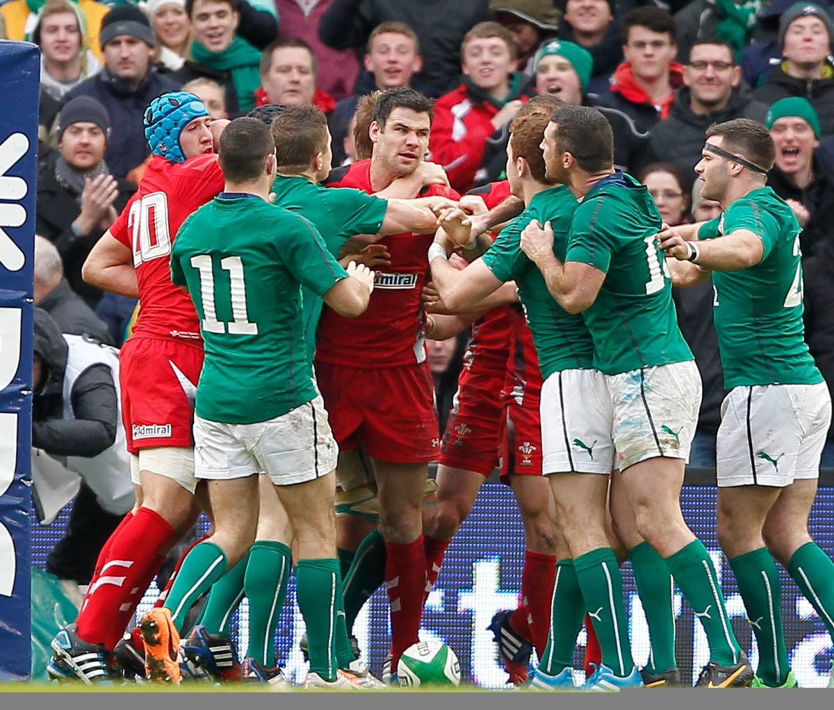 Mike Phillips is prominent in a disagreement during Wales' 2014 Six Nations clash with Ireland