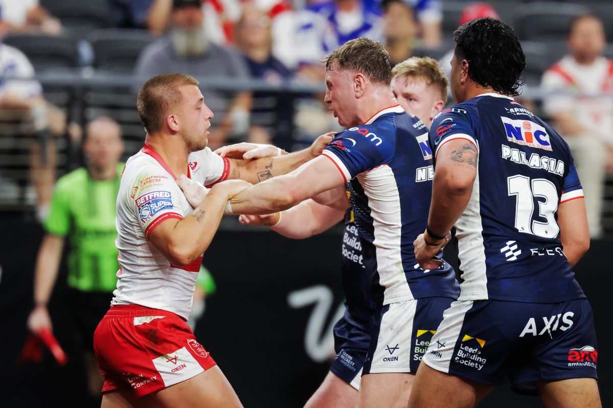 An altercation between Hull KR's Mikey Lewis and Leeds Rhinos' Harry Newman at Allegiant Stadium, Las Vegas.