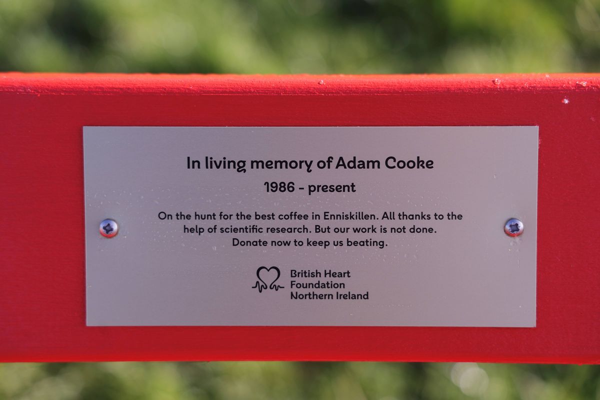 Adam's personalised plaque on the red bench situated at the foreground of Enniskillen Castle, along the Broadmeadow path