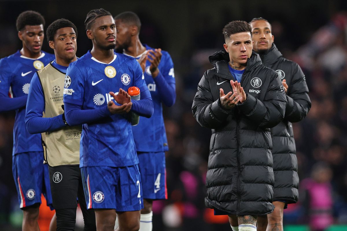 Enzo Fernandez of Chelsea acknowledges the supporters after the UEFA Champions League 2025/26 Round of 16 Second Leg match between Chelsea FC and Paris Saint-Germain FC 