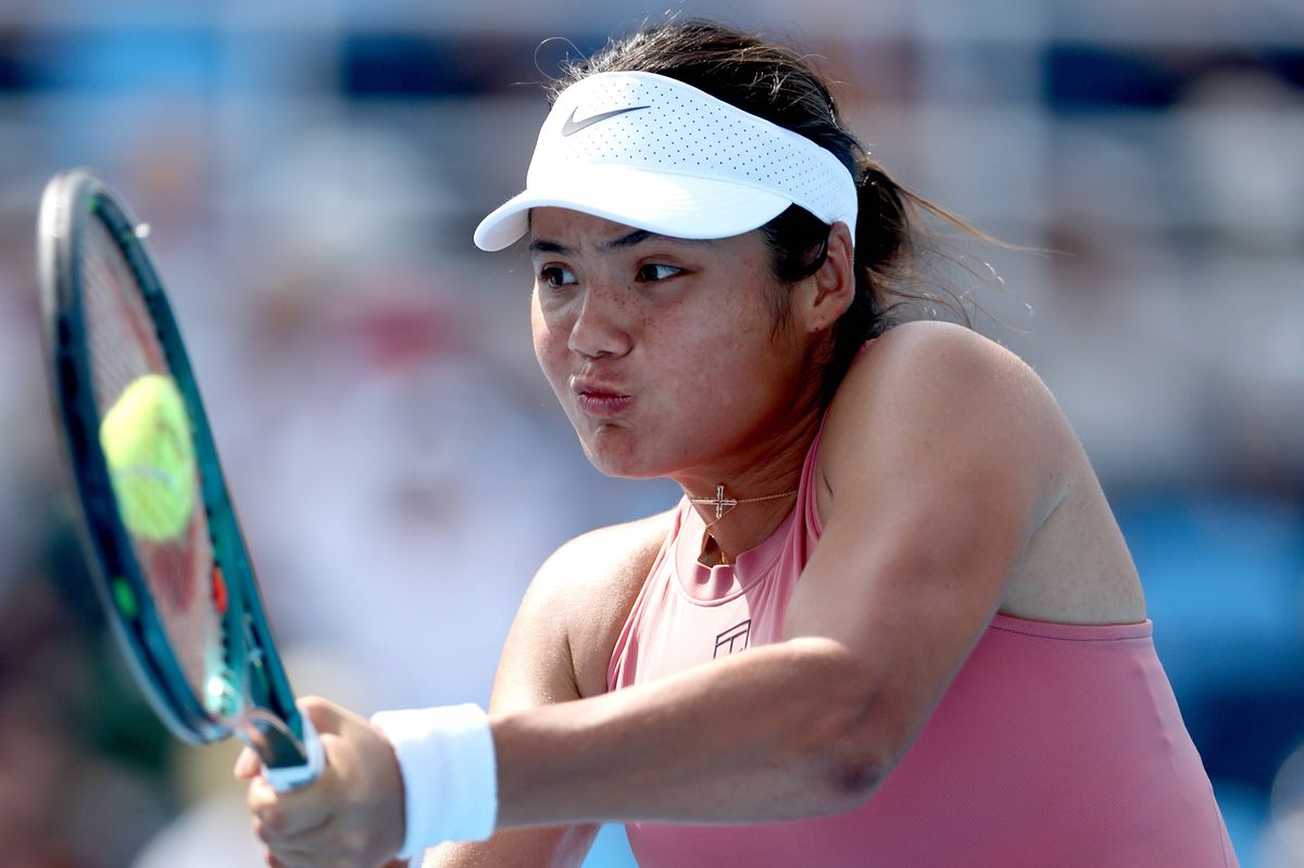 Emma Raducanu of Great Britain returns a shot to  Aryna Sabalenka during the Cincinnati Open at Lindner Family Tennis Center