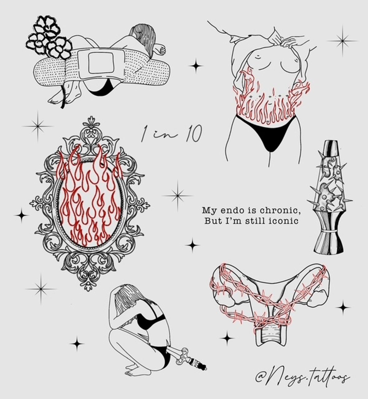Some of Courtney's tattoo design illustrating women's own experiences with endometriosis