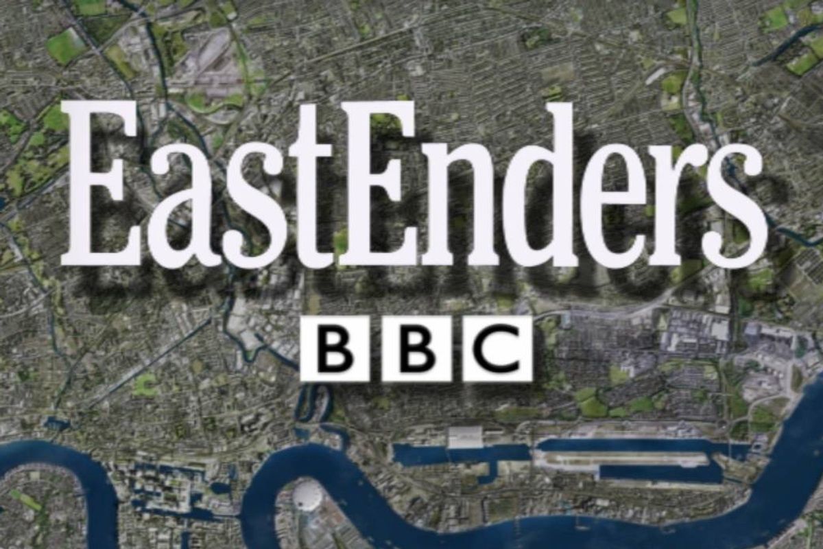 An aerial image depicting a river winding through a city landscape, with the words "EastEnders BBC" prominently displayed at the top.