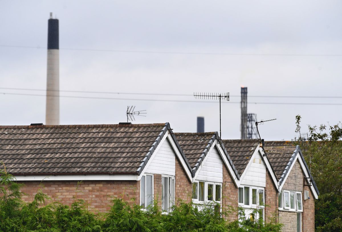 Farmdale Drive in Elton, with chimneys from Stanlow.