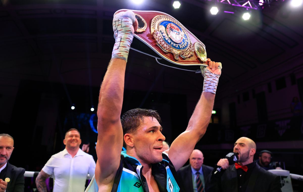 Constantin Ursu celebrates after winning the WBO European & Commonwealth Welterweight titles
