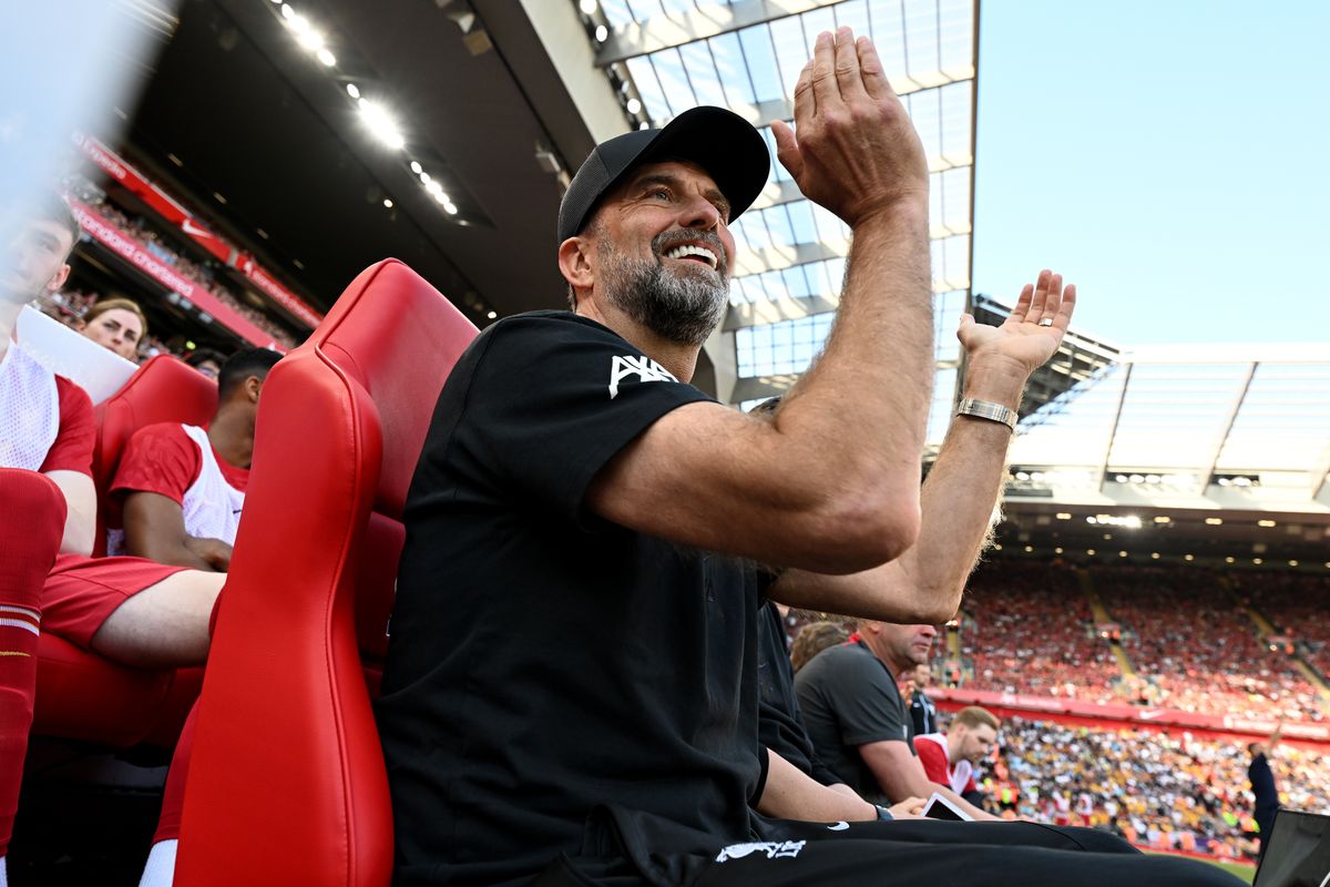 Manager Jurgen Klopp of Liverpool during the Premier League match between Liverpool FC and Wolverhampton Wanderers at Anfield on May 19, 2024 in Liverpool, England.