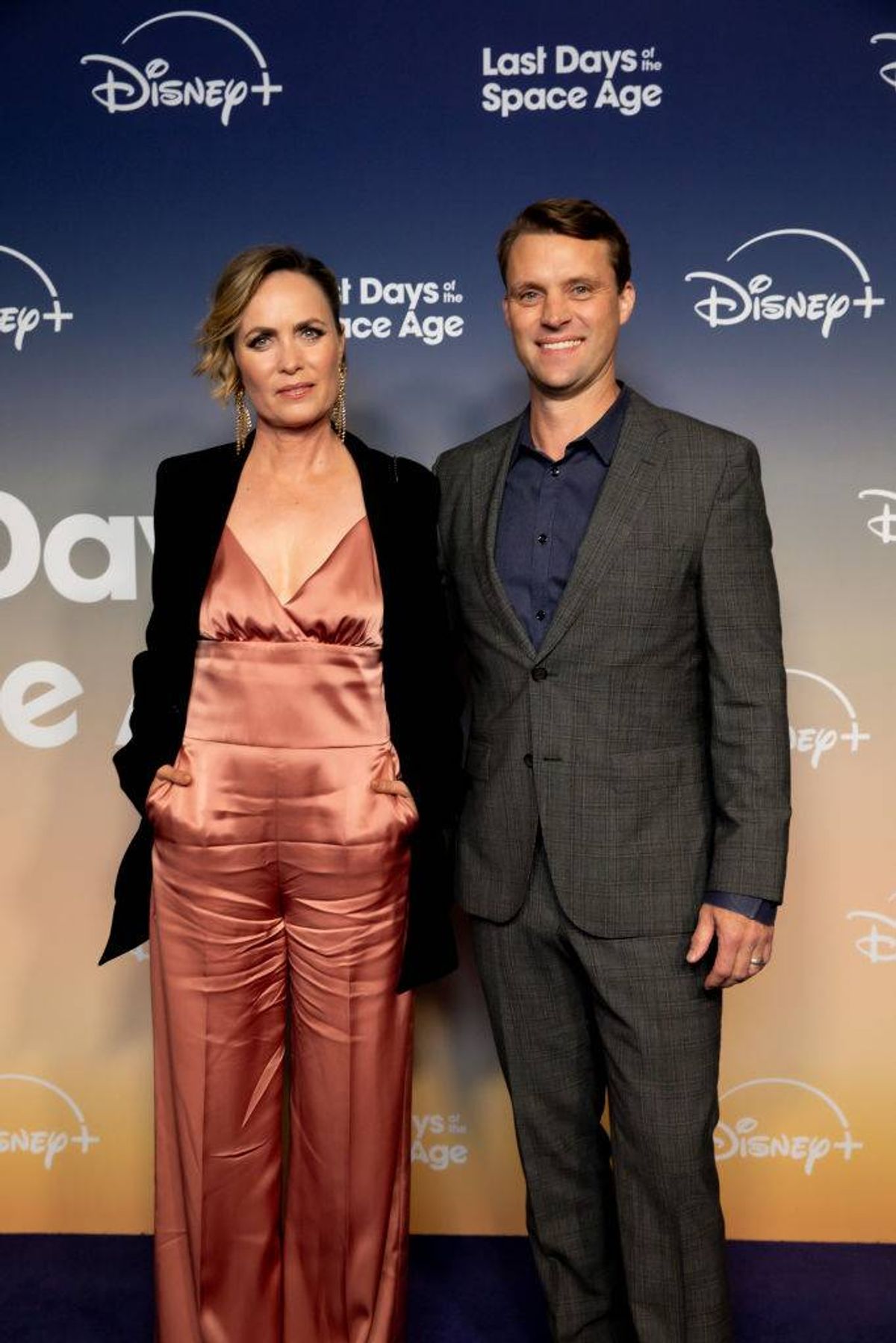 Radha Mitchell and Jesse Spencer attend the red carpet for the launch of the series "The Last Days Of The Space Age" at West Beach Pavilion on October 01, 2024 in Melbourne, Australia