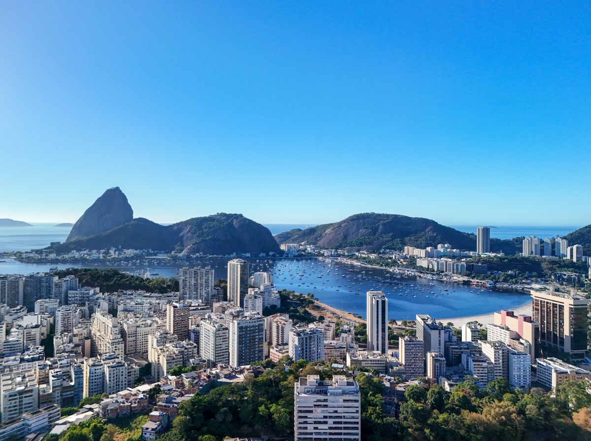 Aerial view of Botafogo neighborhood in Rio de Janeiro with Sugarloaf Mountain in the background on a sunny day