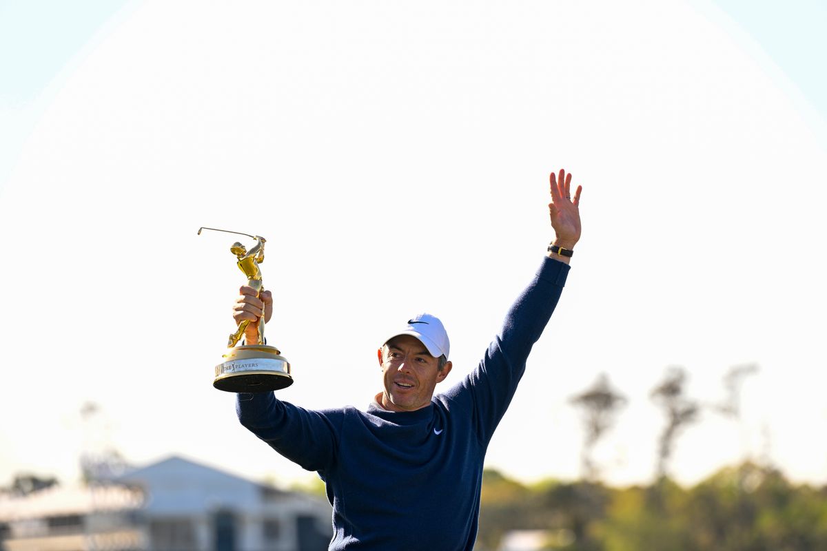Rory McIlroy celebrates winning the 2025 Players Championship