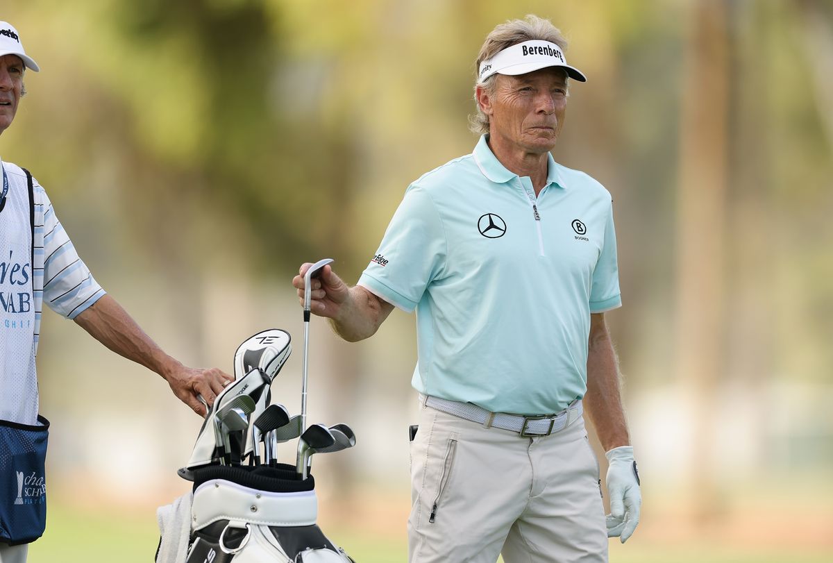 Bernhard Langer of Germany takes a club on the first hole during the third round of the Charles Schwab Cup Championship 2025 at Phoenix Country Club on November 15, 2025 in Phoenix, Arizona.