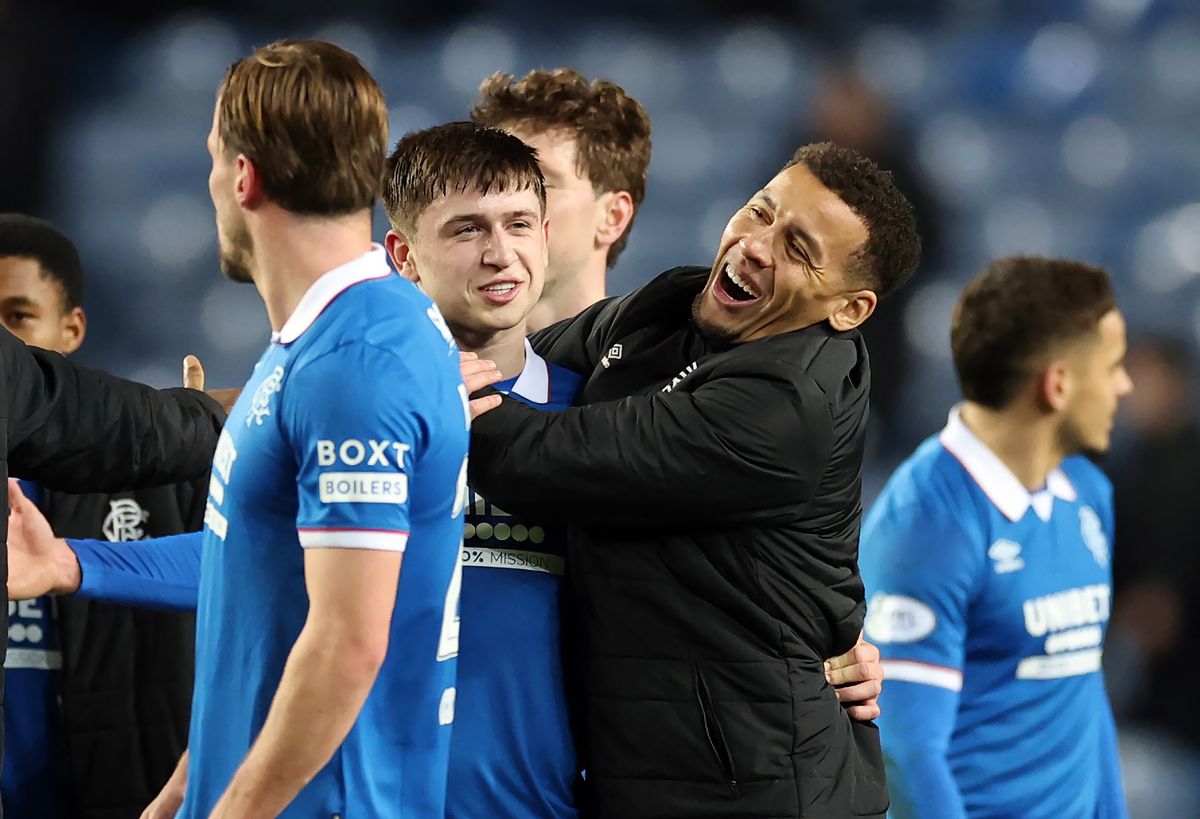 Mikey Moore and James Tavernier at full time after the William Hill Premiership match between Rangers and Kilmarnock at Ibrox Stadium