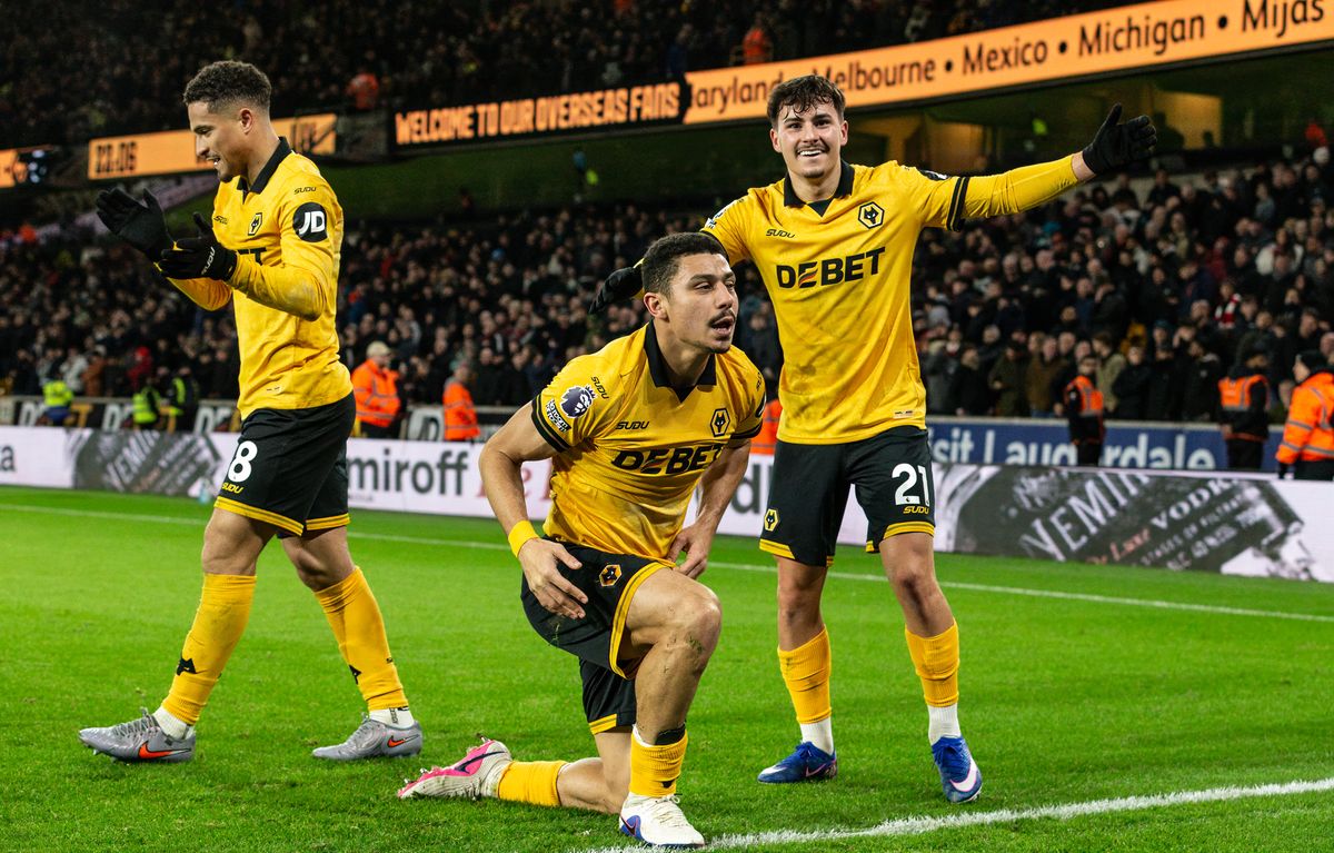 Wolves' Andre celebrates scoring his side's second goal with teammate Joao Gomes