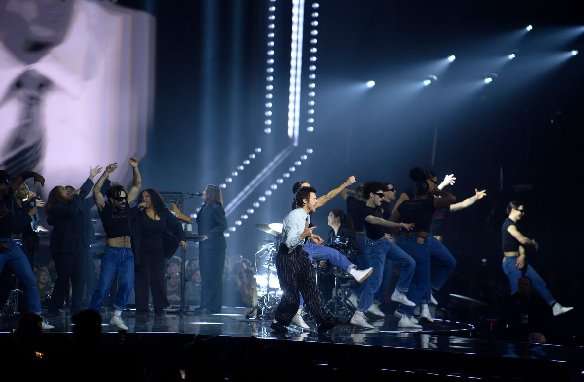 MANCHESTER, ENGLAND - FEBRUARY 28: (EDITORIAL USE ONLY) Harry Styles performs live on stage during The BRIT Awards 2026 at Co-op Live on February 28, 2026 in Manchester, England. (Photo by Justin Goff Photos/FilmMagic)