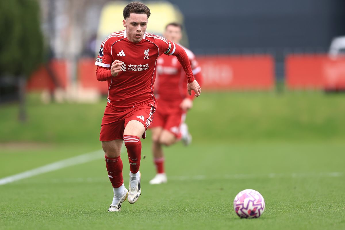 Kieran Morrison of Liverpool runs with the ball during the Premier League 2 match against Tottenham Hotspur at Kirkby on March 1 2026