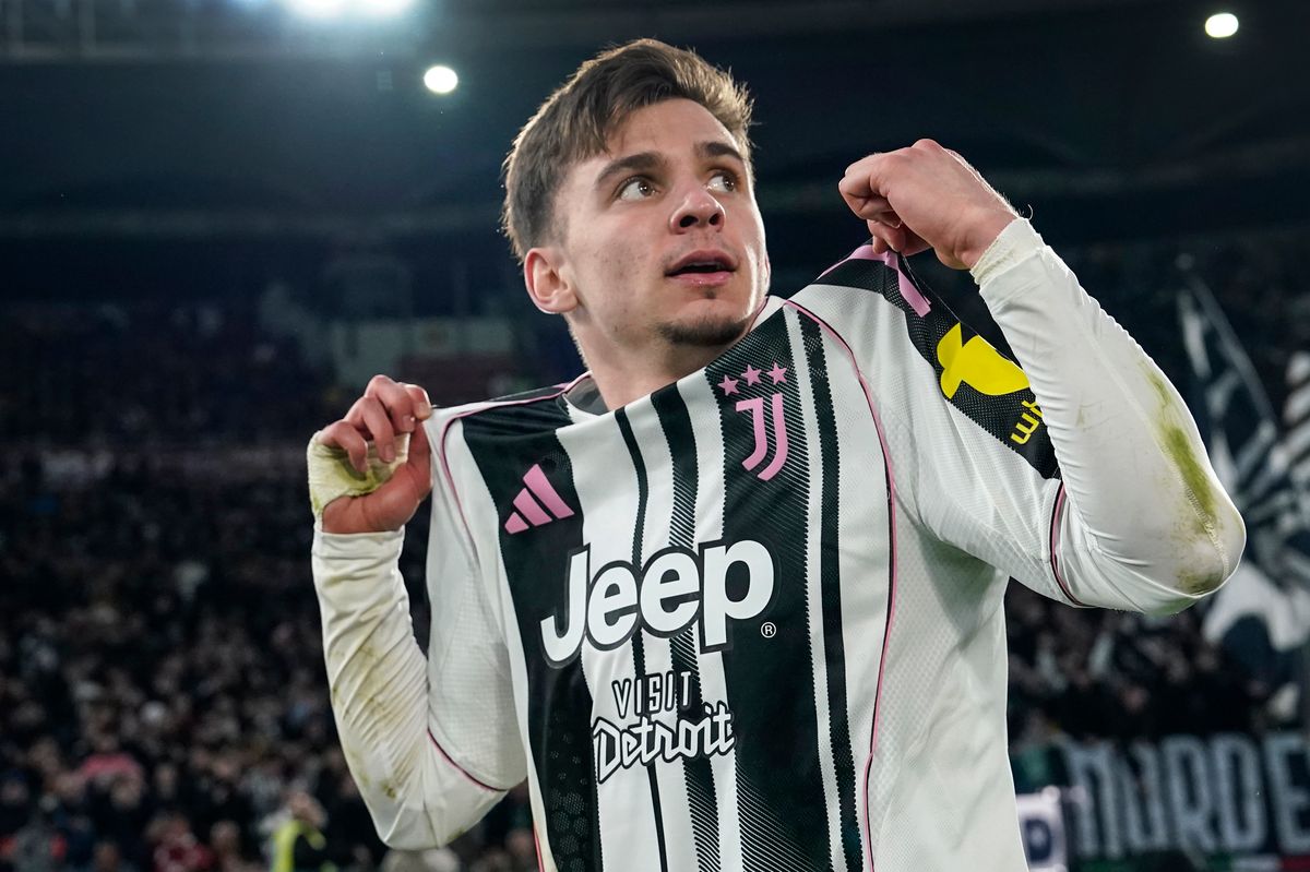 Francisco Conceicao celebrates after scoring a goal for Juventus