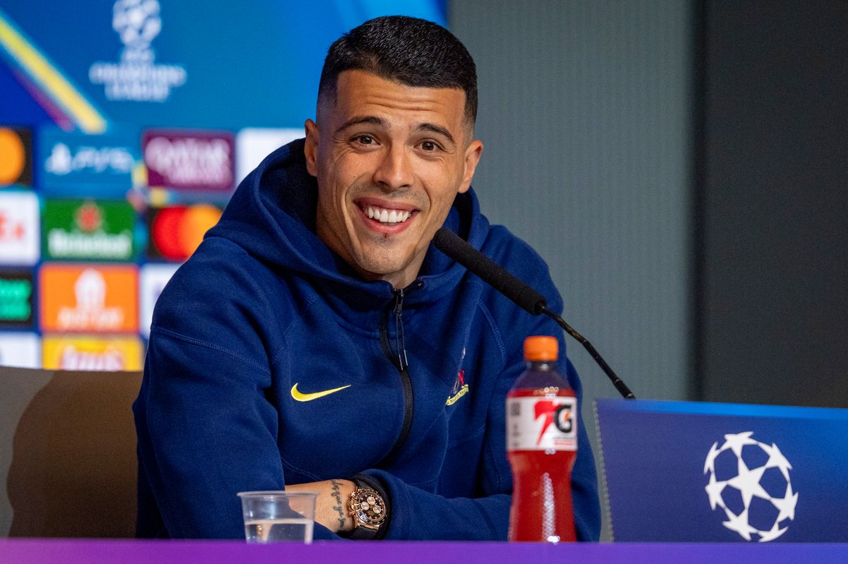 Pedro Porro during his press conference ahead of the Champions League round of 16 first leg match between Tottenham Hotspur and Atletico de Madrid at Riyadh Air Metropolitano