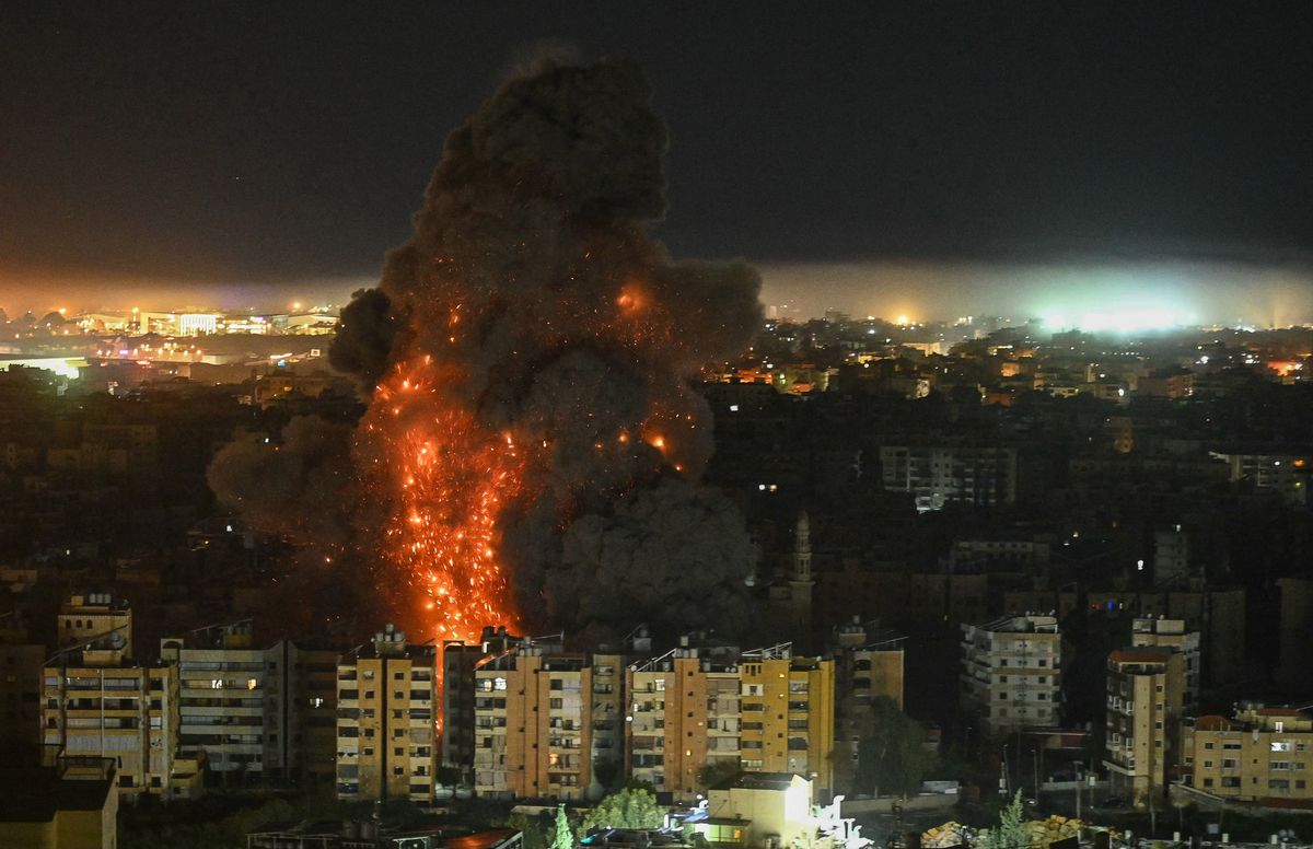 A fireball rises from the site of an Israeli airstrike that targeted an area in Beirut's southern suburbs 