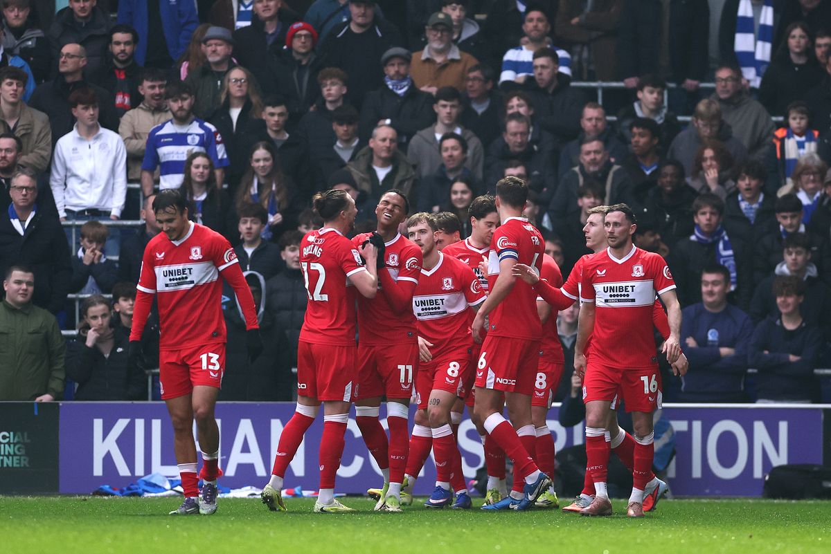 Middlesbrough celebrate their first goal which will be credited to David Strelec