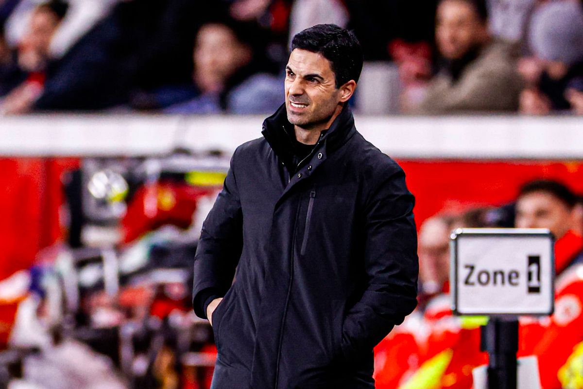 Head Coach Mikel Arteta of Arsenal FC looks dejected during the UEFA Champions League 2025/26 Round of 16 First Leg match between Bayer 04 Leverkusen and Arsenal FC