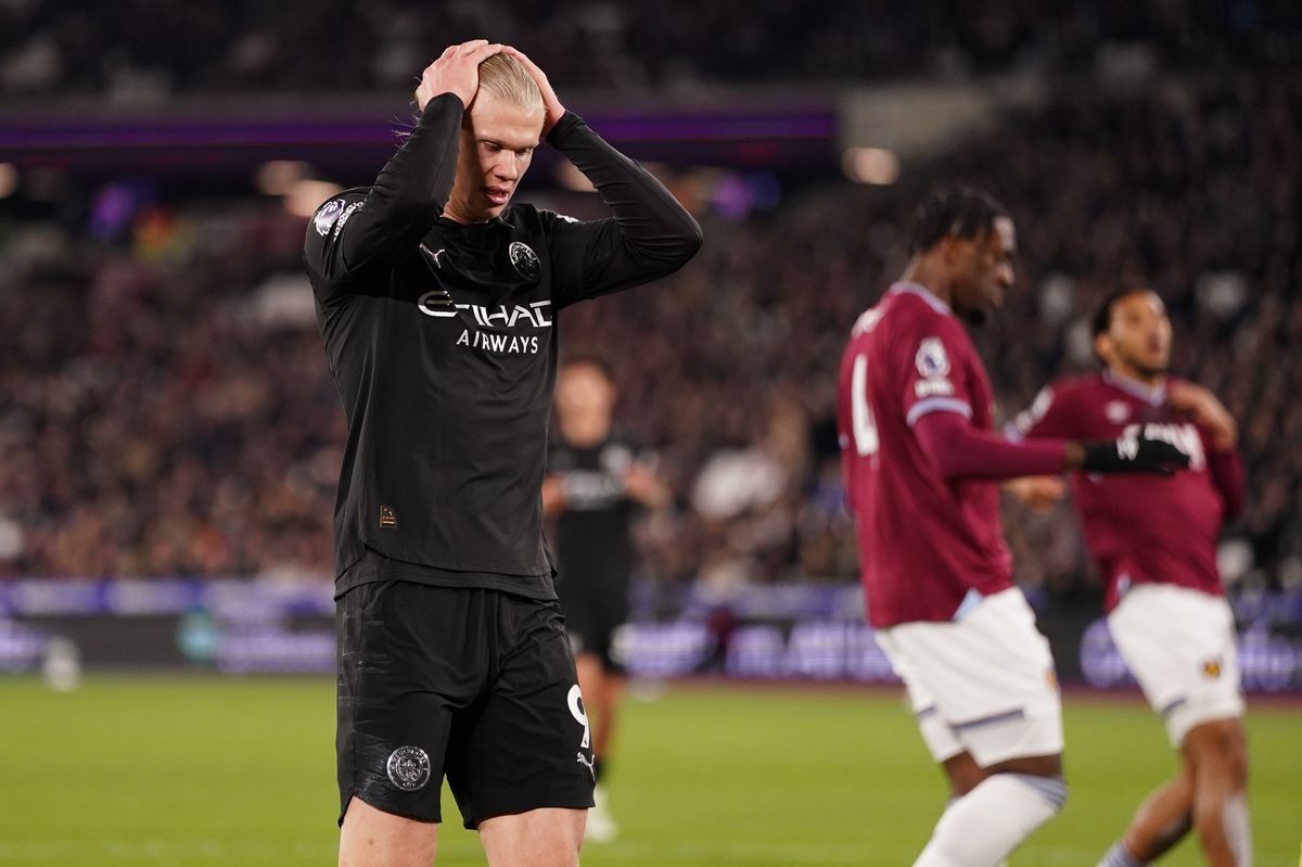 Erling Haaland of Manchester City holds his head in his hands during the Premier League match between West Ham United and Manchester City at London Stadium, London, United Kingdom, on March 14, 2026. (Photo by Harvey Murphy/News Images/NurPhoto via Getty Images)