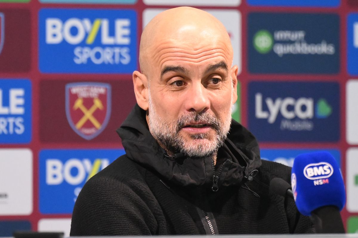 Pep Guardiola, manager of Manchester City, speaks during a press conference at the Premier League match between West Ham United and Manchester City at the London Stadium in Stratford, United Kingdom, on March 14, 2026. (Photo by Kevin Hodgson/MI News/NurPhoto via Getty Images)