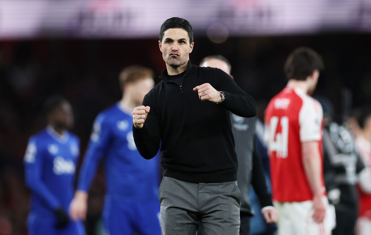 LONDON, ENGLAND - MARCH 14: Mikel Arteta, Manager of Arsenal, celebrates following the team's victory in the Premier League match between Arsenal and Everton at Emirates Stadium on March 14, 2026 in London, England. (Photo by Justin Setterfield/Getty Images)