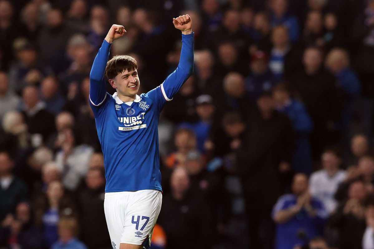 Mikey Moore of Rangers celebrates after scoring his team's second goal during the William Hill Premiership match between Rangers and Aberdeen at Ibrox Stadium on March 21, 2026 in Glasgow, Scotland