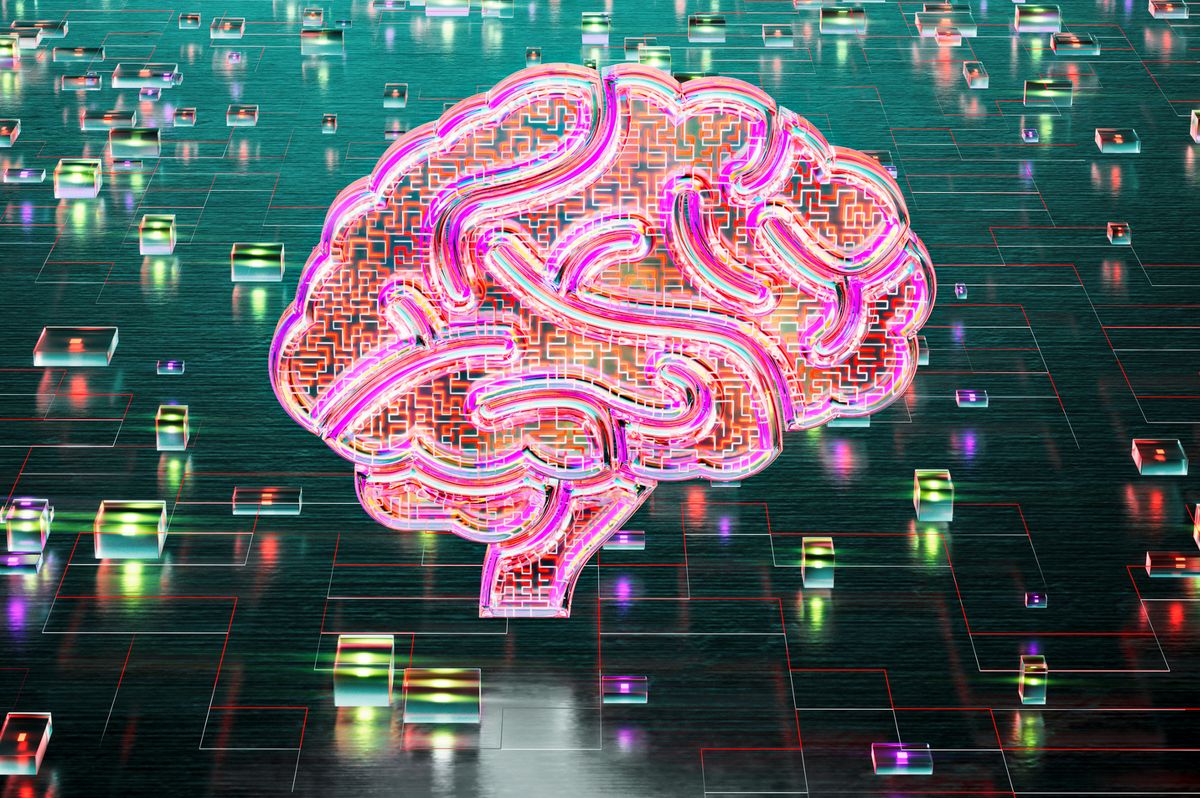 A glass colourful brain illumintaed on a background of cubes that are like switches illuminated